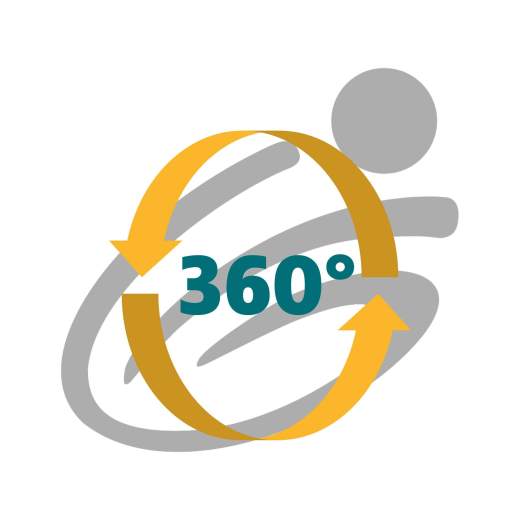 Pictogramme avec notre logo grisé et par dessus 360° avec des flèches jaunes qui tourne